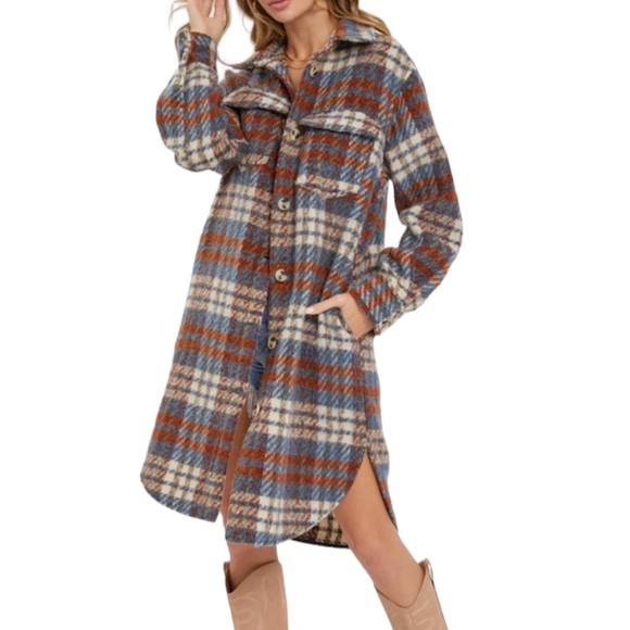 Women’s Long Plaid Shacket Jacket + Chenille Cowboy Hat - Picture 1 of 6